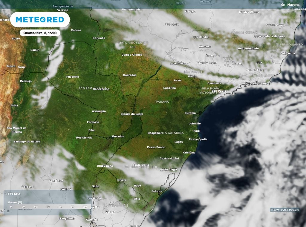Nebulosidade. O modelo ECMWF prevê poucas nuvens atuando no Centro-Sul do Brasil nesta quarta-feira (8). Imagem mostra tempo limpo e firme.