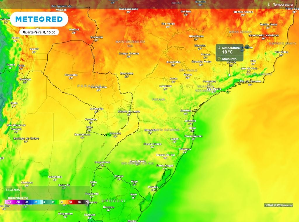 Máxima. Temperatura máxima prevista para a tarde desta quarta-feira (8), de acordo com o modelo ECMWF.