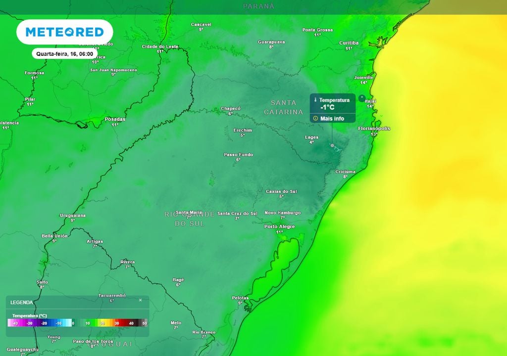 Previsão de temperaturas mínimas na quarta-feira. Previsão de temperaturas mínimas na quarta-feira mostra que haverá possibilidade de mínimas negativas na região da Serra Catarinense, com chance de novas geadas de intensidade forte.