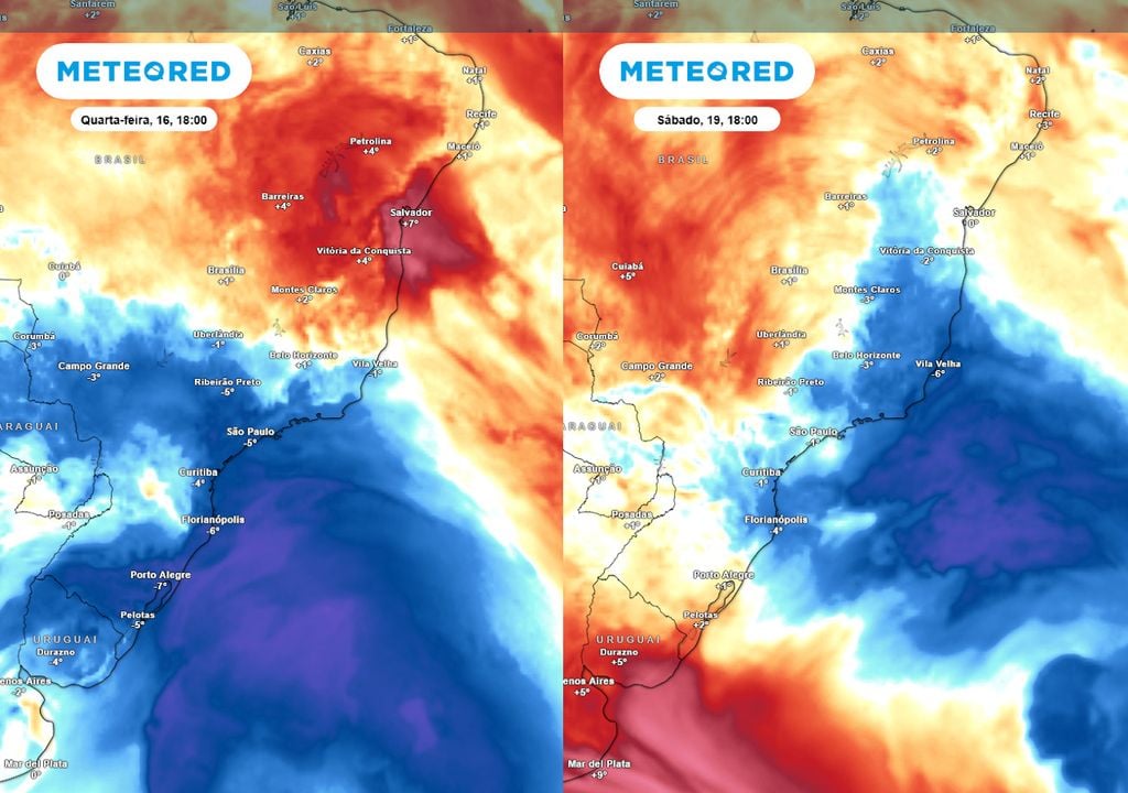 Previsão de anomalias de temperatura em 850 hPa na quarta-feira (esquerda) e no sábado (direita). Previsão de anomalias de temperatura em 850 hPa na quarta-feira (esquerda) e no sábado (direita) mostra a massa de ar polar se deslocando para norte e atingindo a Bahia, no Nordeste.