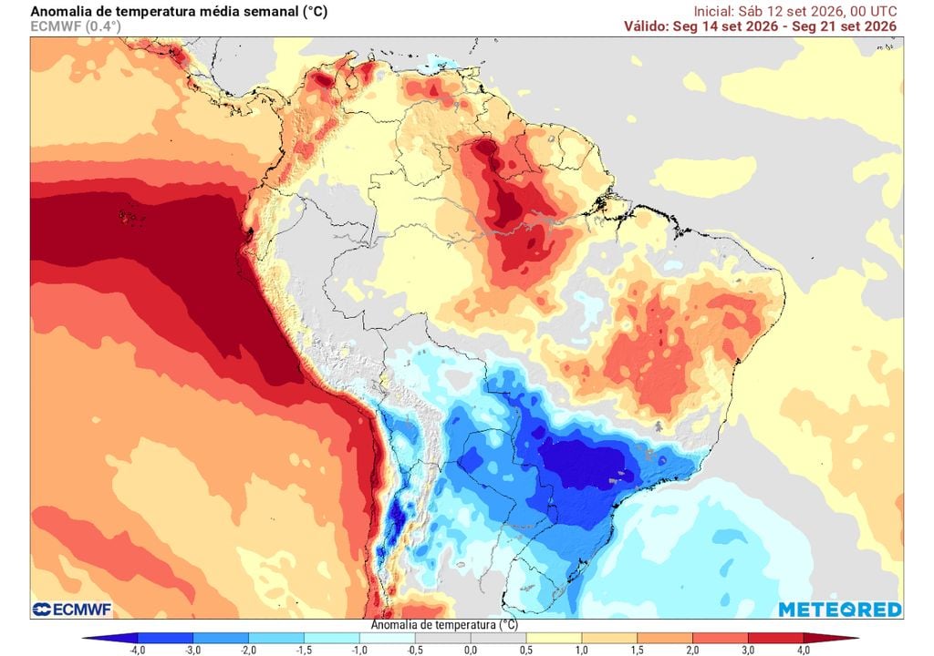 Previsão de anomalias de temperatura entre os dias 14 e 21 de Setembro. Previsão de anomalias de temperatura entre os dias 14 e 21 de Setembro mostra que um frio intenso, com anomalias de pelo menos 4 graus abaixo da média, continuará no centro-sul.
