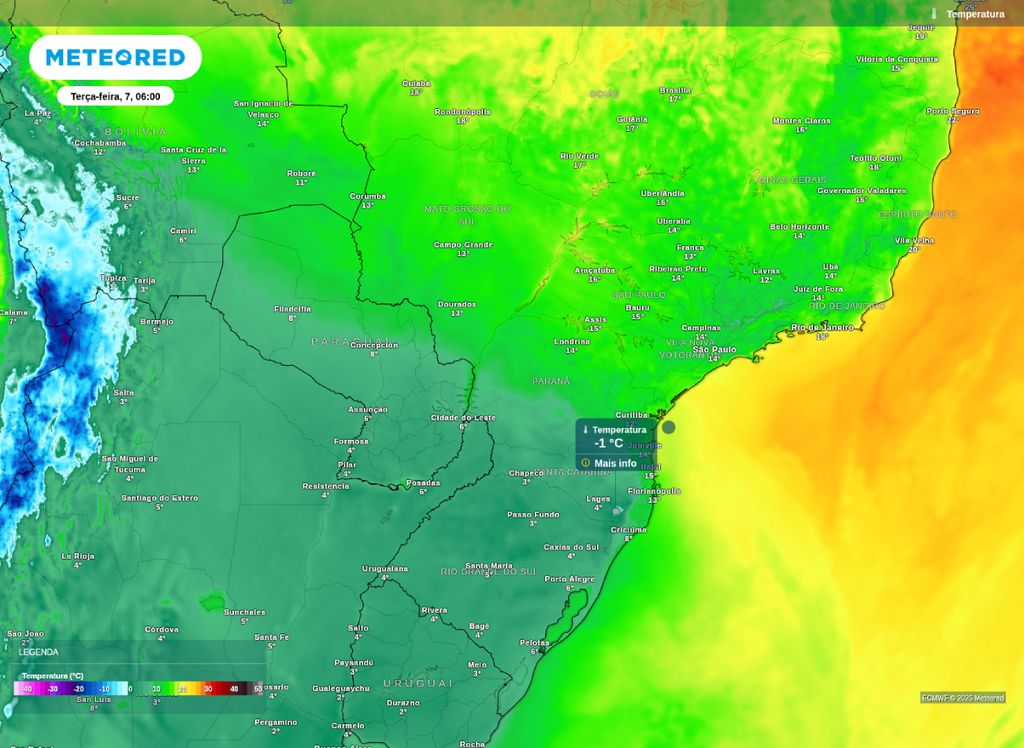 Temperatura mínima para terça (7). Mínima prevista para esta terça-feira (7). O modelo mostra marcas negativas sobre a Serra Catarinense e temperaturas baixas no restante do Sul do Brasil.