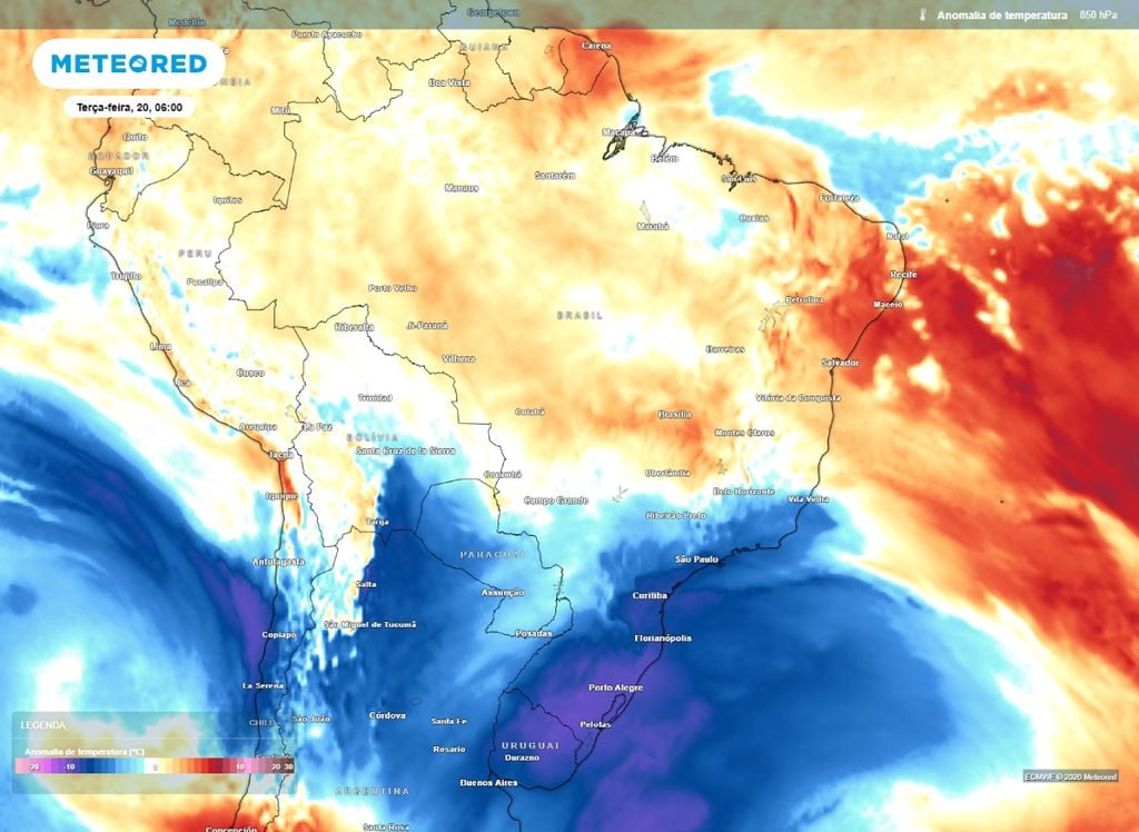 Anomalia de temperatura em 850 hPa. O mapa mostra a atuação do ar frio sobre o Centro-Sul do país na manhã desta terça (20).