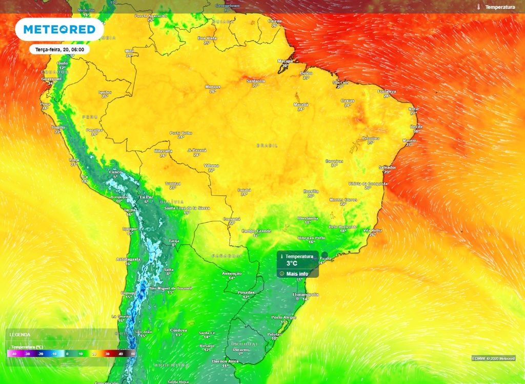 Mínima prevista para a manhã de terça (20). Temperatura mínima prevista para a manhã desta terça-feira (20).