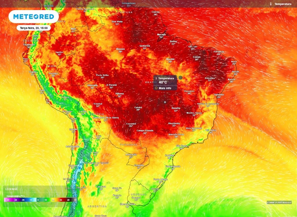 Calor no Centro-Norte Durante a tarde o calor se espalha pelo Centro-Norte do Brasil com temperatura chegando aos 40°C.