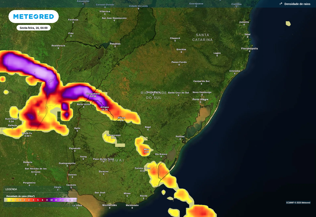 Previsão de tempestades nesta sexta-feira (16), de acordo com o ECMWF.