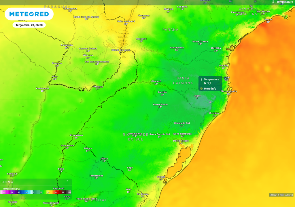 Previsão de temperatura mínima na terça-feira (20), de acordo com o ECMWF.