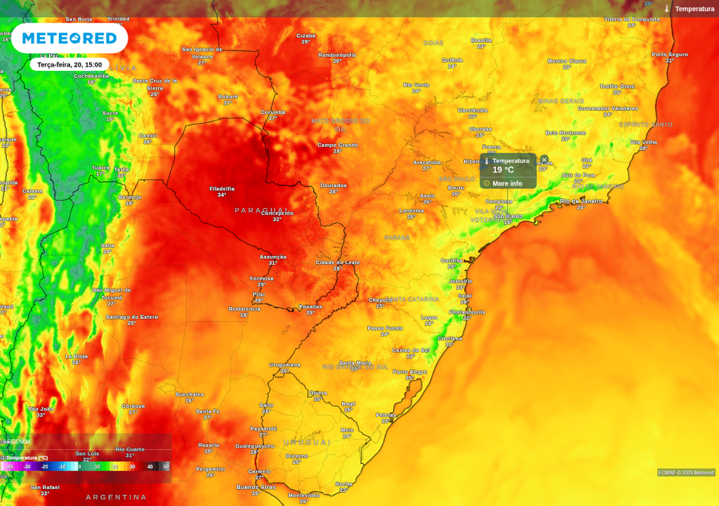 Previsão de temperatura máxima na terça-feira (20), de acordo com o ECMWF.