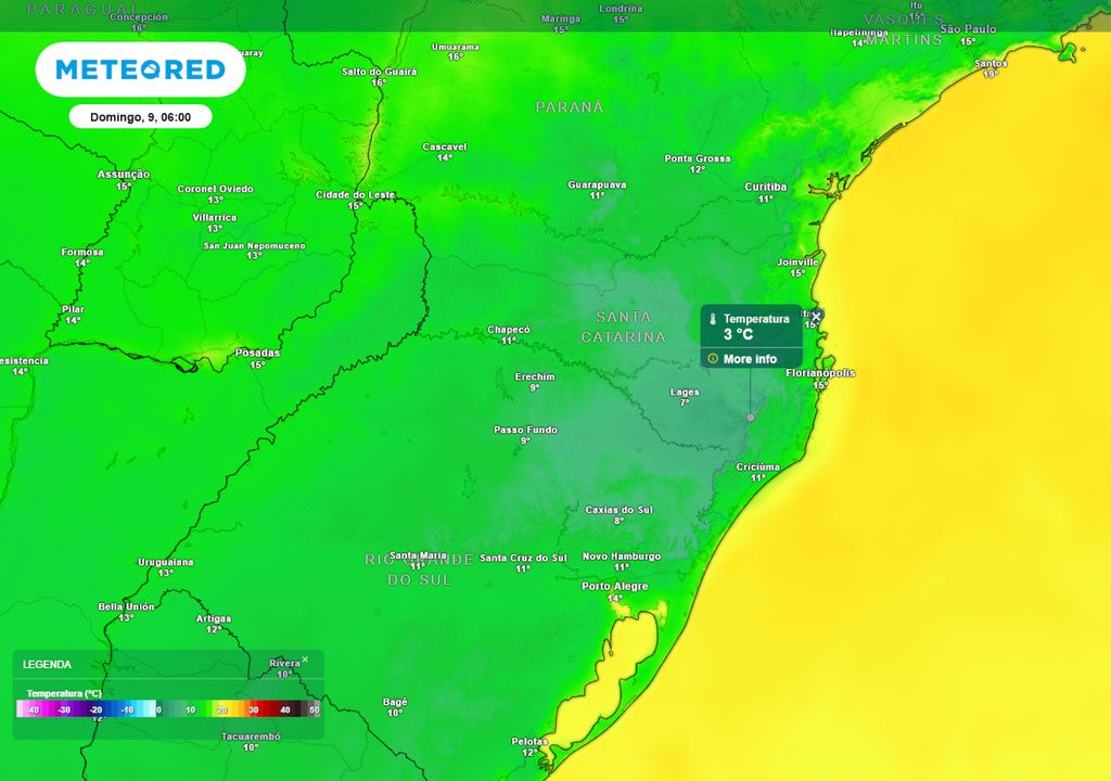 Previsão de temperaturas mínimas na madrugada do domingo.