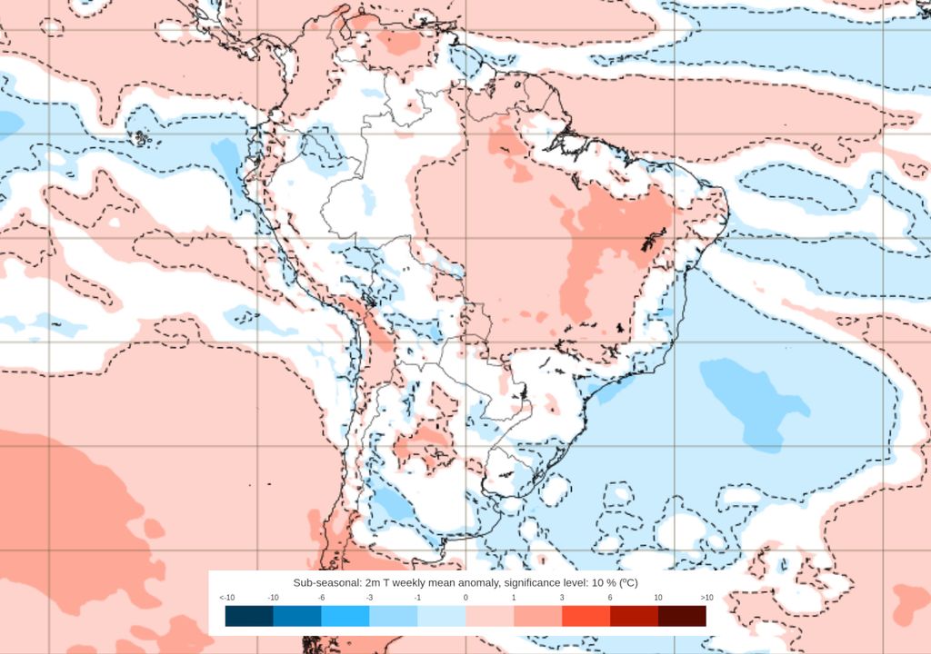Previsão de anomalias de temperatura entre os dias 10 e 17 de Novembro.