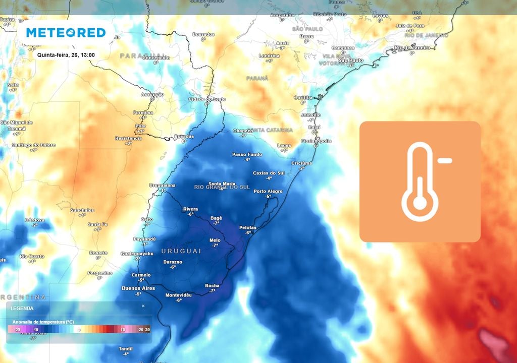 Previsão de anomalias de temperatura em 850 hPa na quinta-feira ao meio-dia mostra uma massa de ar frio avançando pelo Rio Grande do Sul e fazendo as temperaturas caírem na região.