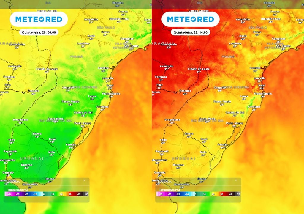 Previsão de temperaturas mínimas (esquerda) e máximas (direita) na quinta-feira mostra que as mínimas chegam a 12°C e as máximas ficam em torno dos 25°C na maior parte da região.