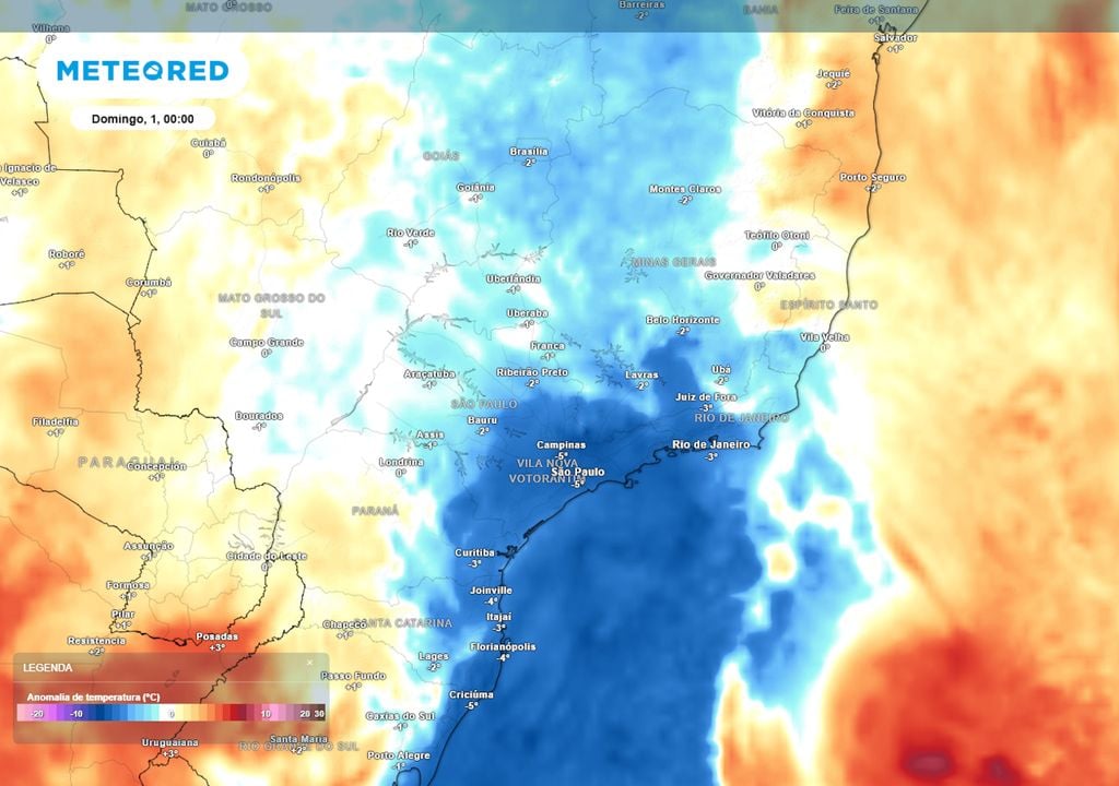 Previsão de anomalias de temperatura em 850 hPa no domingo mostra o avanço da massa de ar frio também sobre a região Sudeste, fazendo as temperaturas caírem no final de semana.