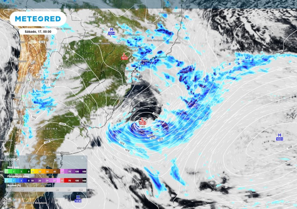 Previsão de pressão, nebulosidade e chuva no início do sábado. Previsão de pressão, nebulosidade e chuva no início do sábado mostra um ciclone bem configurado sobre o Oceano Atlântico, com sua frente fria atuando em parte do Sudeste e Centro-Oeste.