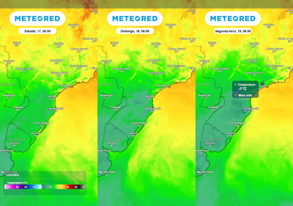 Previsão de temperaturas mínimas no sábado, domingo e segunda-feira. Previsão de temperaturas mínimas no sábado, domingo e segunda-feira mostram a intensificação do frio sobre o centro-sul do Brasil, com ocorrência de temperaturas negativas.