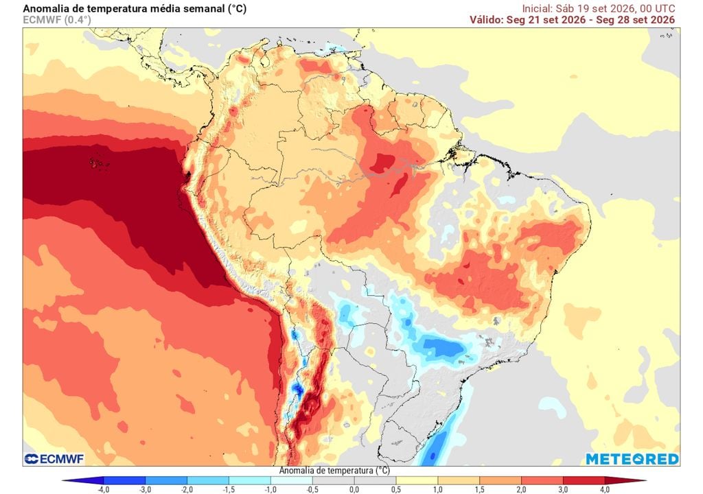 Previsão de anomalias de temperatura entre os dias 21 e 28 de Setembro. Previsão de anomalias de temperatura entre os dias 21 e 28 de Setembro mostra que o frio reduzirá as temperaturas no centro-sul do Brasil, mas não a ponto de causar grandes anomalias.