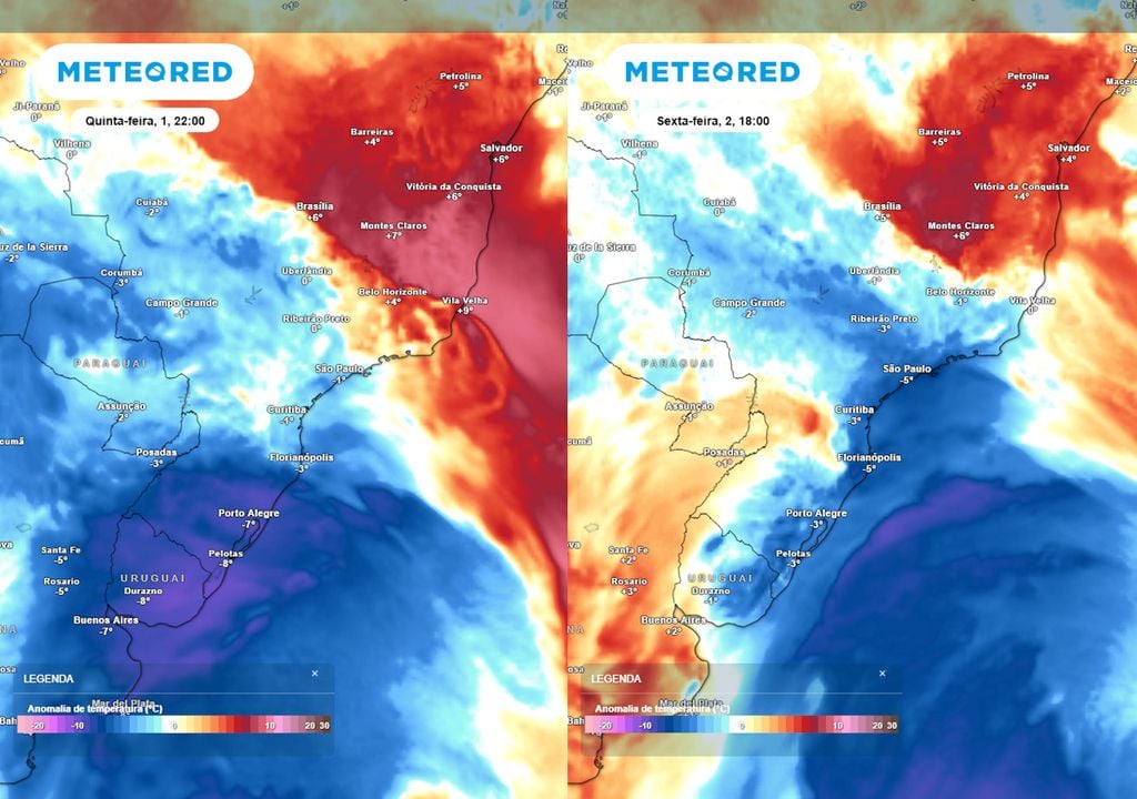 Previsão de anomalias de temperatura em 850 hPa na quinta-feira e sexta-feira. Previsão de anomalias de temperatura em 850 hPa na quinta-feira (esquerda) e sexta-feira (direita) mostra a massa de ar frio avançando pelas regiões Sul, Sudeste e Centro-Oeste.