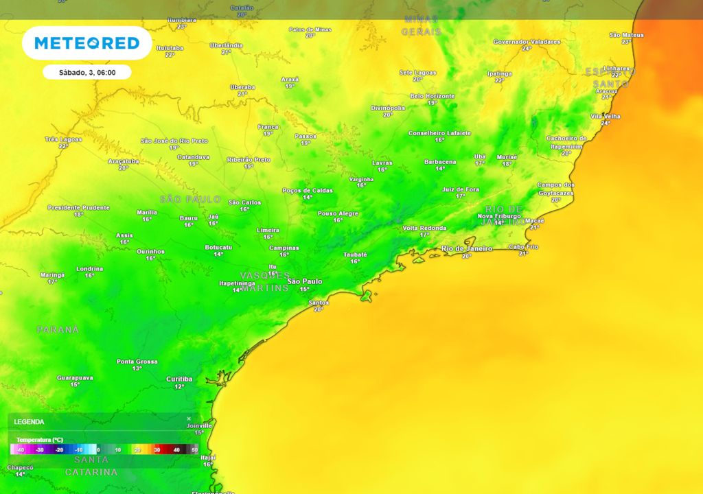 Previsão de temperaturas mínimas no sábado. Previsão de temperaturas mínimas no sábado mostra temperaturas mínimas de até 10°C na região Sudeste. As previsões não indicam possibilidade de geadas em nenhum estado.