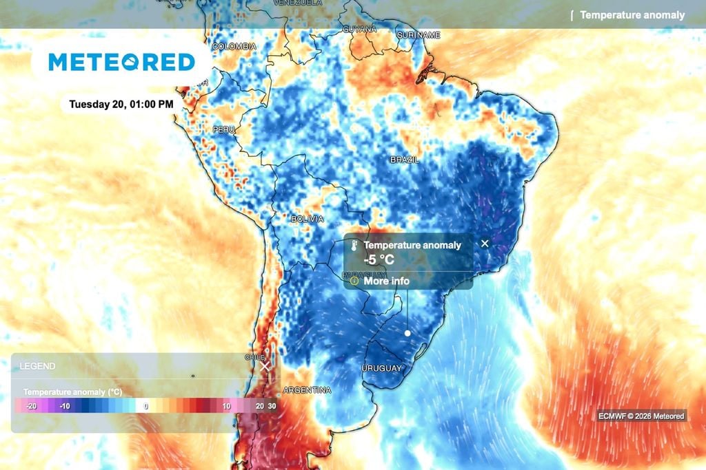 Anomalia de temperatura prevista indica resfriamento intenso no Centro-Sul, com desvios de até −5 °C e risco de geada pontual em áreas de serra e baixadas.