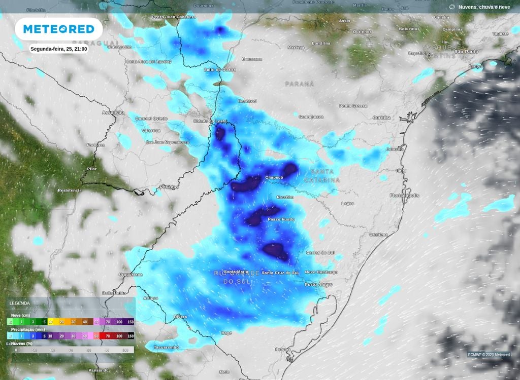 Precipitação para segunda-feira (25). Mudança a caminho da Região Sul. Segunda-feira (25) contará com instabilidades e a presença de um cavado, aumentando as chances de chuvas fortes sobre os 3 estados.