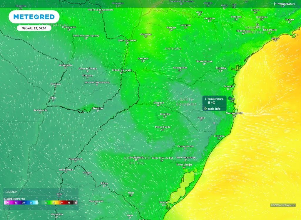 Temperatura Mínima prevista para o sábado (23). Mínima prevista para este sábado (23). O modelo ECMWF prevê temperaturas próxima de 5°C na Serra Catarinense.