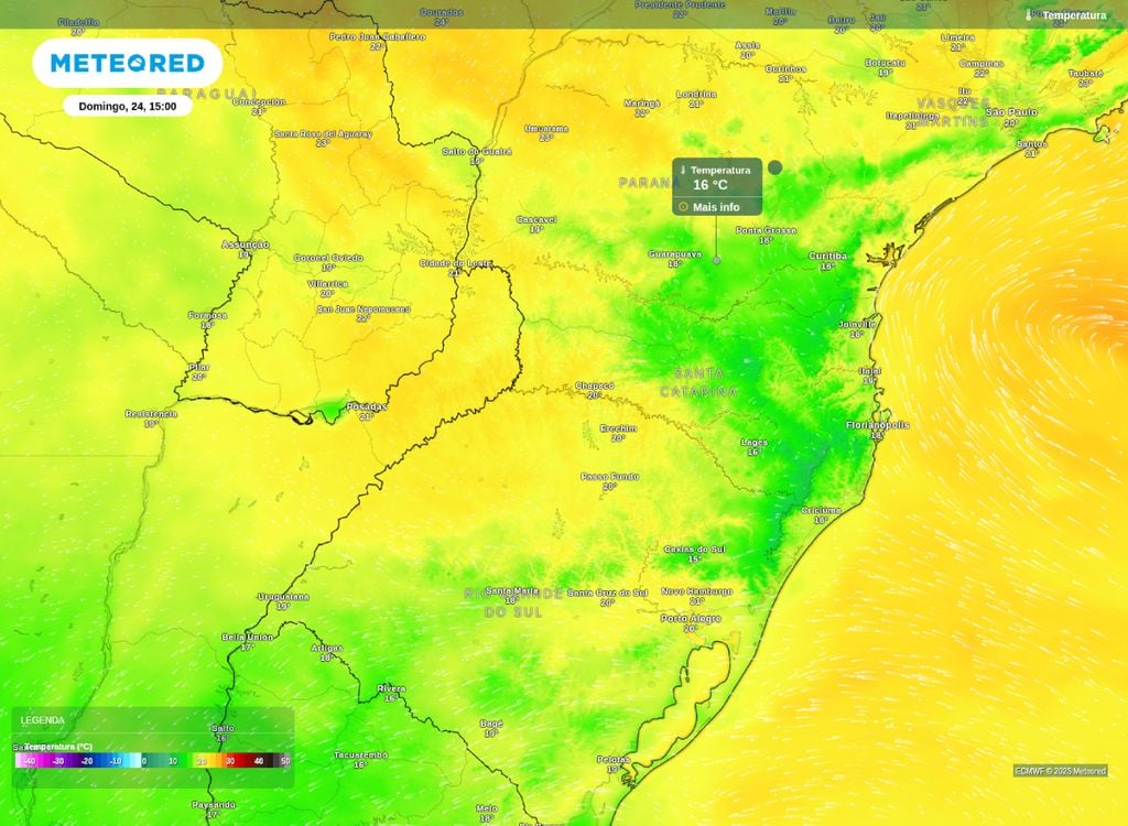 Temperatura para a tarde de domingo (24). Temperatura máxima prevista para a tarde de domingo (24), de acordo com o modelo ECMWF.