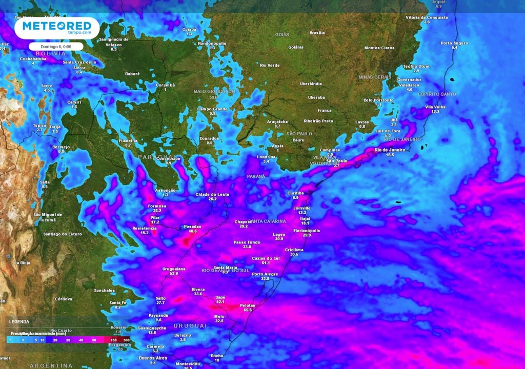 Acumulados totais de chuva previstos até o final do Sábado.
