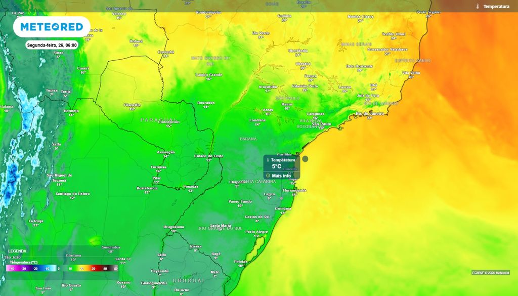 Temperatura mínima para a segunda-feira, 26 de outubro.