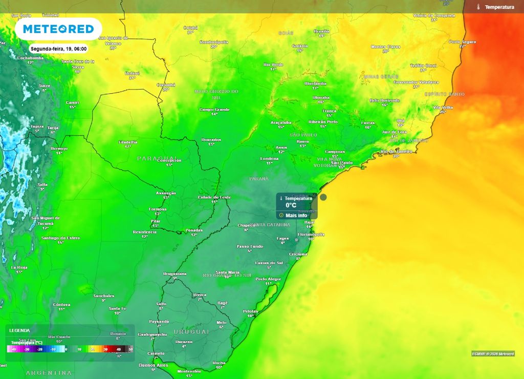 massa de ar frio Temperatura mínima para a segunda-feira, 19 de outubro.