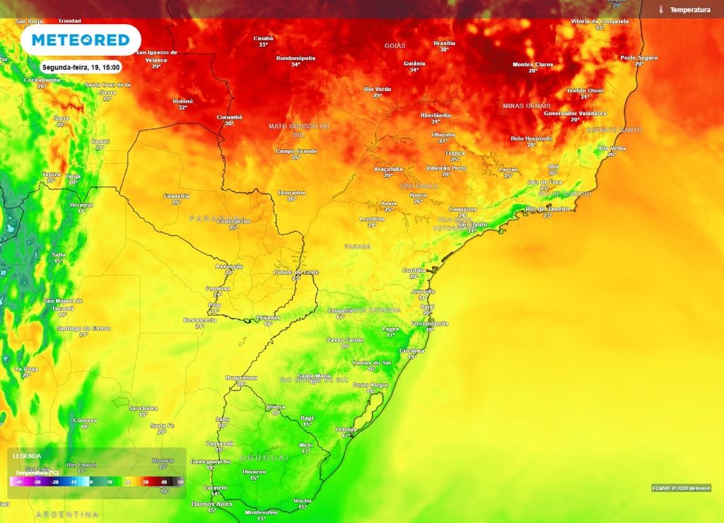massa de ar frio Temperatura máxima para a segunda-feira, 19 de outubro.