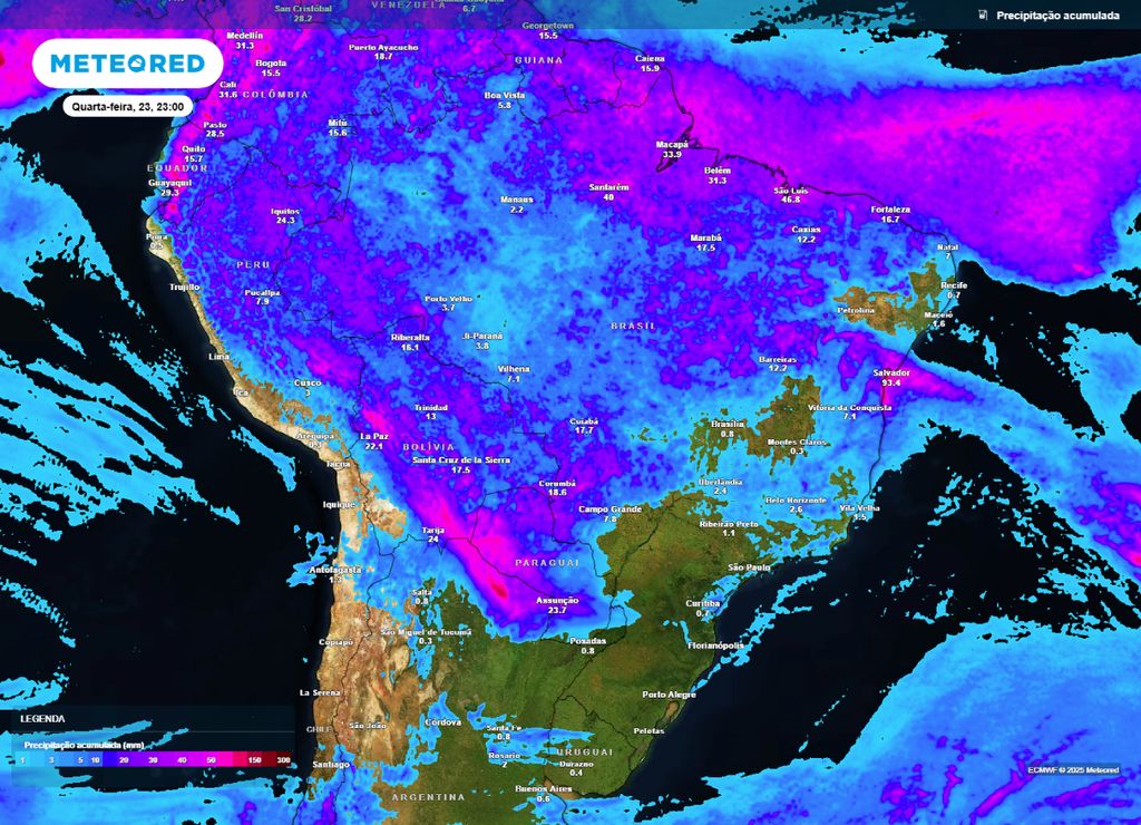 Previsão do acumulado de chuva entre a terça-feira (22) e quarta-feira (23), de acordo com o ECMWF. Previsão do acumulado de chuva entre a terça-feira (22) e quarta-feira (23), de acordo com o ECMWF.