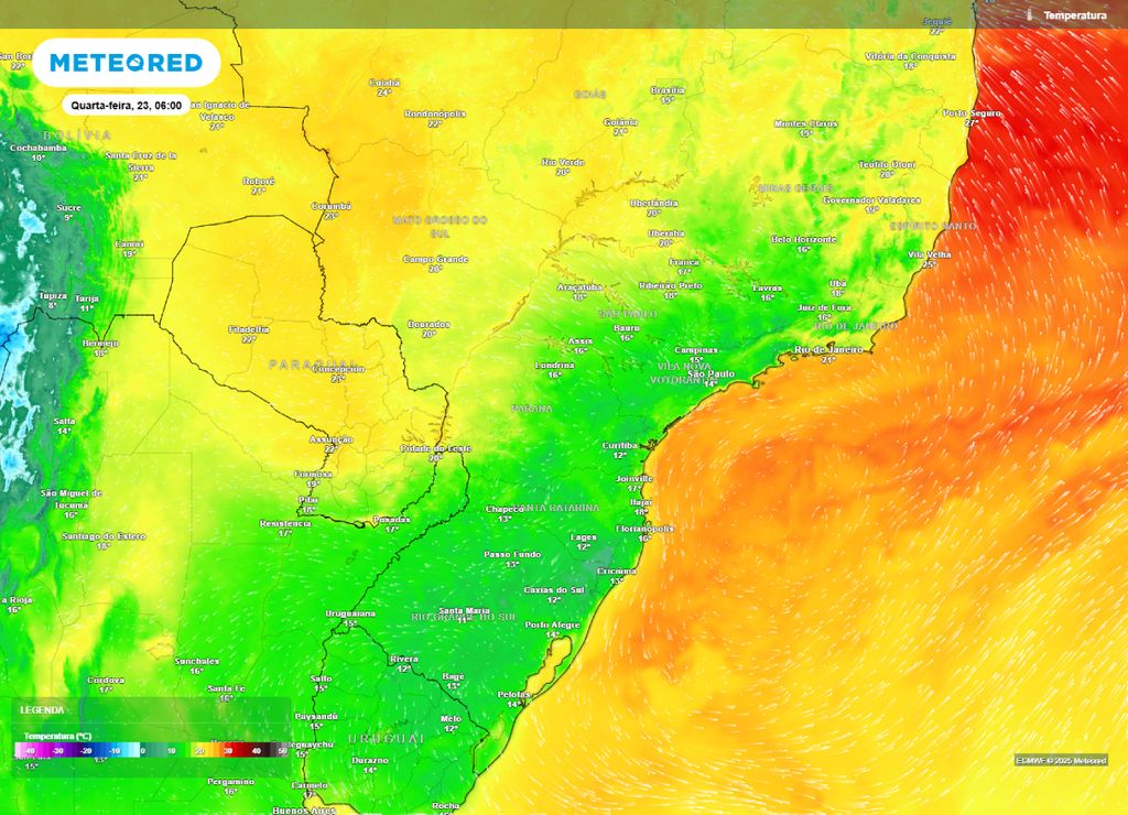 Temperatura mínima prevista para o centro-sul do Brasil na manhã de quarta-feira (23). Temperatura mínima prevista para o centro-sul do Brasil na manhã de quarta-feira (23).