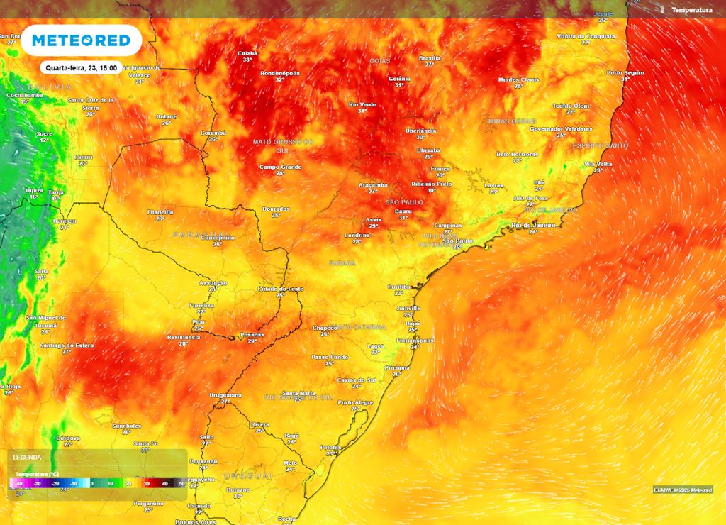Temperatura máxima prevista para o centro-sul do Brasil na tarde de quarta-feira (23). Temperatura máxima prevista para o centro-sul do Brasil na tarde de quarta-feira (23).
