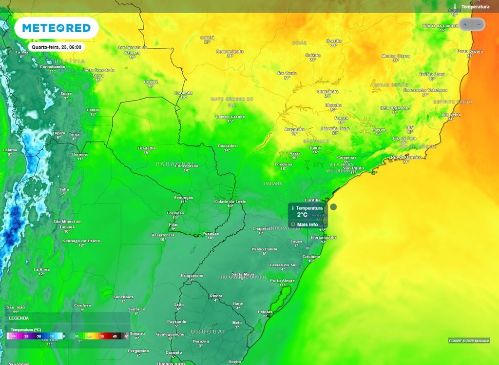Temperatura mínima prevista para a manhã desta quarta-feira (23).