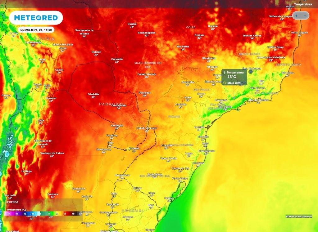 Temepratura máxima prevista para a tarde de quinta-feira (24).