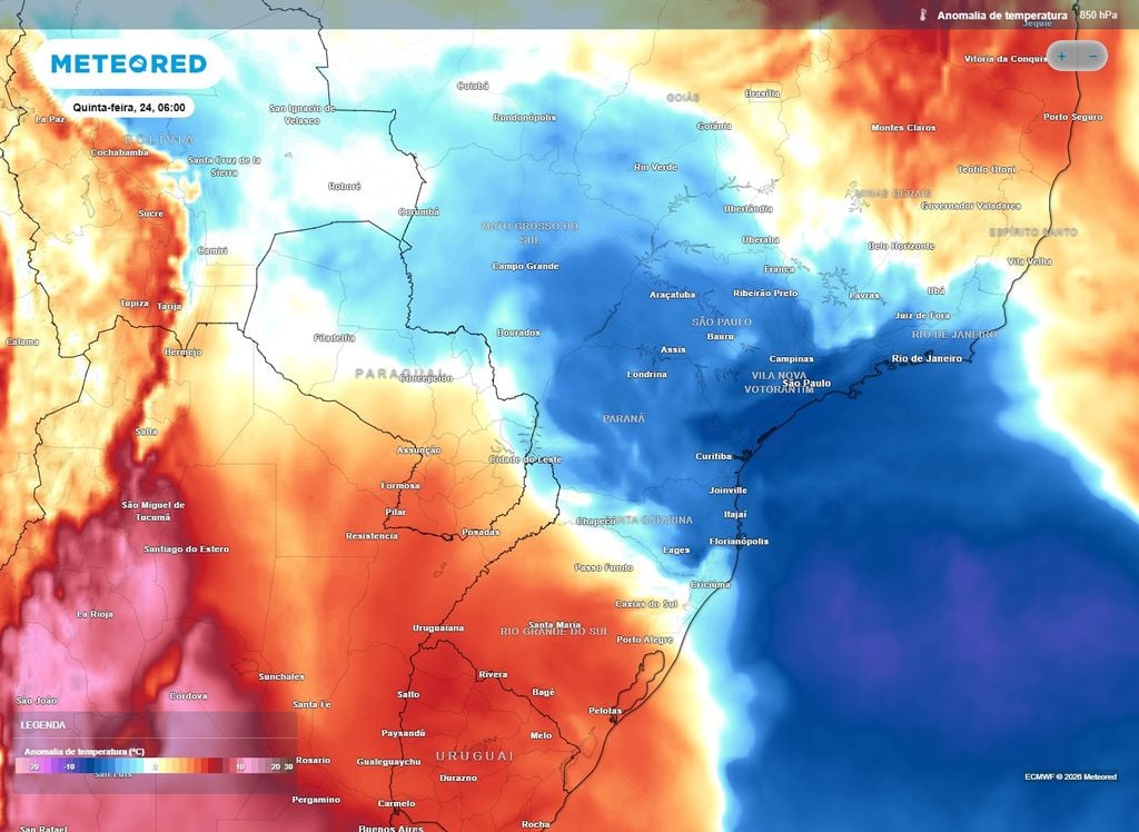 A previsão mostra que sobre o ar frio segue perdendo força sobre o Sul e Centro-Oeste do país, mantendo-se concentrado no leste do Sudeste.