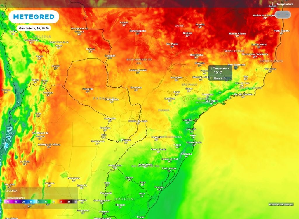 Temperatura máxima prevista para a tarde de quarta-feira (23).