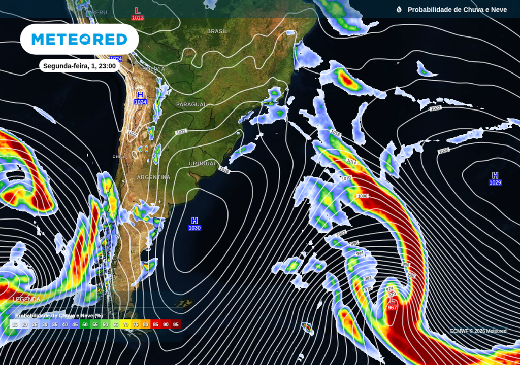 Previsão de probabilidade de chuva nesta segunda-feira (1), destacando a frente fria oceânica, segundo o ECMWF. Previsão de probabilidade de chuva nesta segunda-feira (1), destacando a frente fria oceânica, segundo o ECMWF.