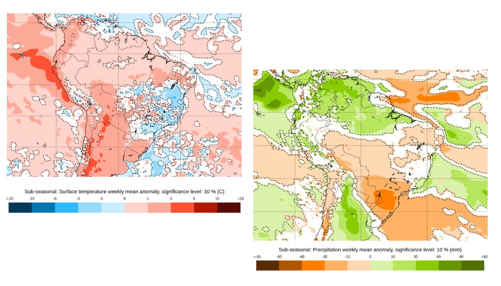 Previsão de anomalia semanal de temperatura (°C, esquerda) e precipitação (°C, direita), segundo o ECMWF. Créditos: ECMWF. Previsão de anomalia semanal de temperatura (°C, esquerda) e precipitação (°C, direita), segundo o ECMWF. Créditos: ECMWF.