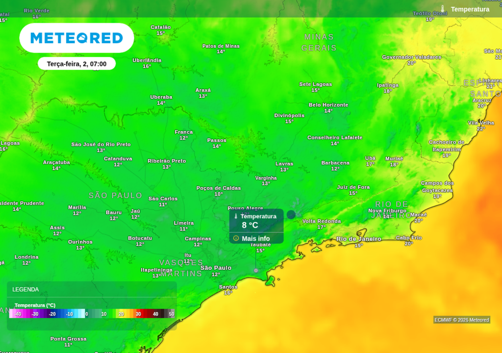 Previsão de temperatura mínima nesta terça-feira (2), segundo o ECMWF. Previsão de temperatura mínima nesta terça-feira (2), segundo o ECMWF.