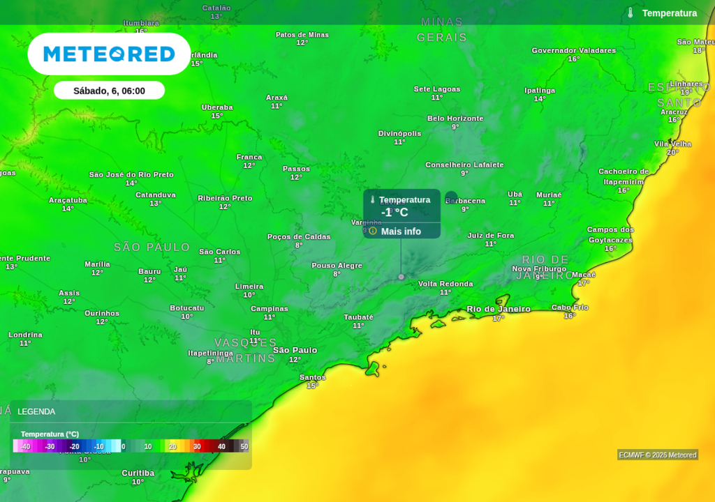 Previsão de temperatura mínima nesta sexta-feira (5), segundo o ECMWF. Previsão de temperatura mínima nesta sexta-feira (5), segundo o ECMWF.