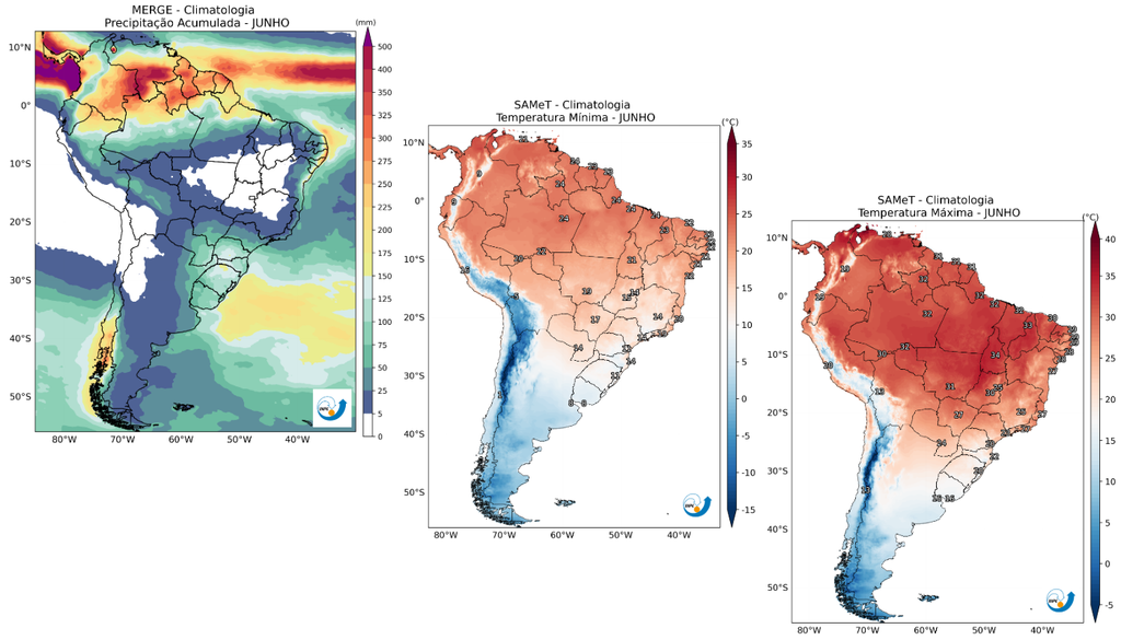 Climatologia (1991-2020) da precipitação (mm, esquerda), temperatura mínima (°C, centro) e temperatura máxima (°C, direita) em junho. Créditos: CPTEC/INPE. Climatologia (1991-2020) da precipitação (mm, esquerda), temperatura mínima (°C, centro) e temperatura máxima (°C, direita) em junho. Créditos: CPTEC/INPE.