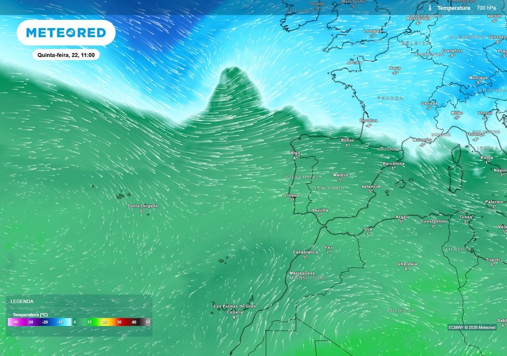 Carta de temperatura do ar a 700 hPa prevista para quinta-feira, 22 de outubro, às 11:00. Fonte: Modelo ECMWF / Meteored