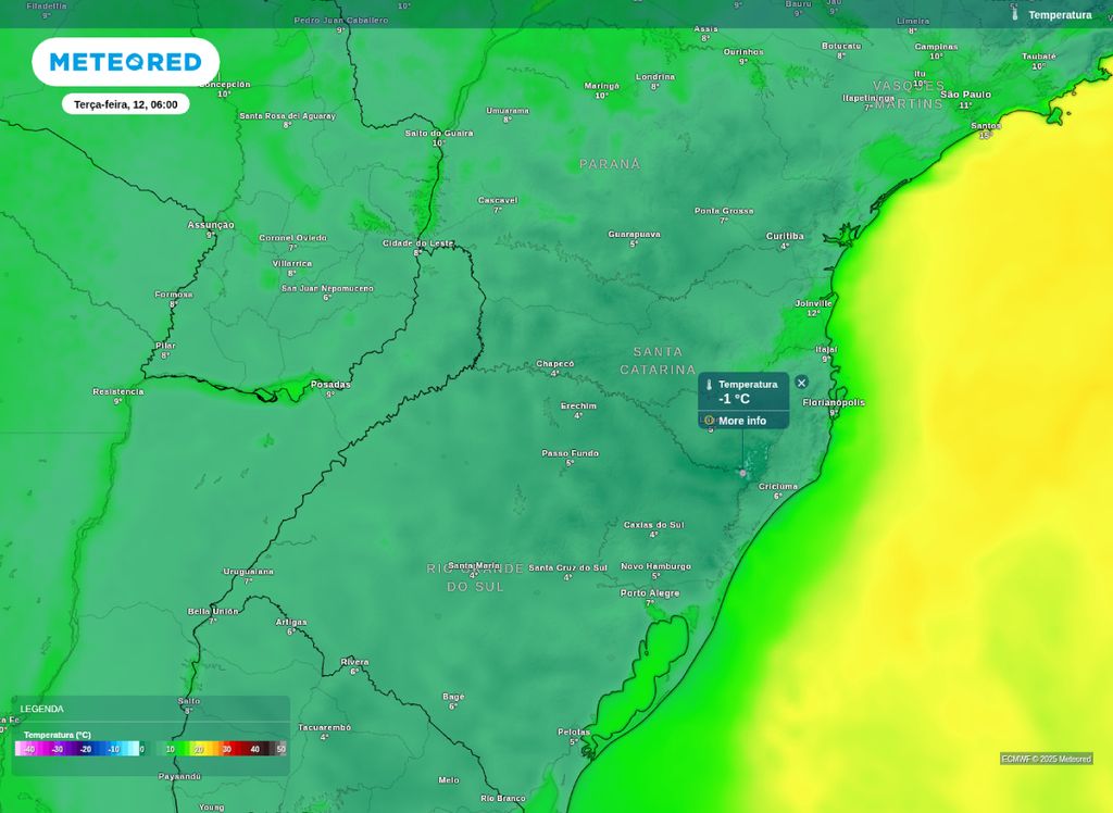Temperatura mínima prevista para o Sul nesta terça-feira (12).