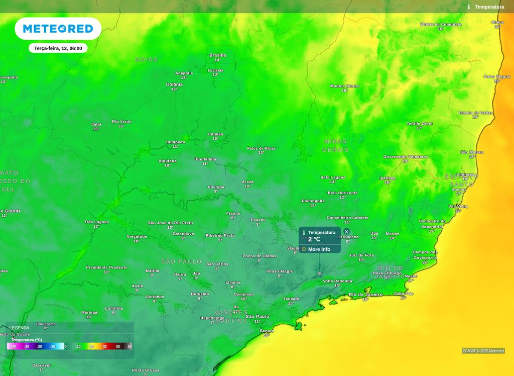 Temperatura prevista para o Sudeste nesta terça-feira (12).