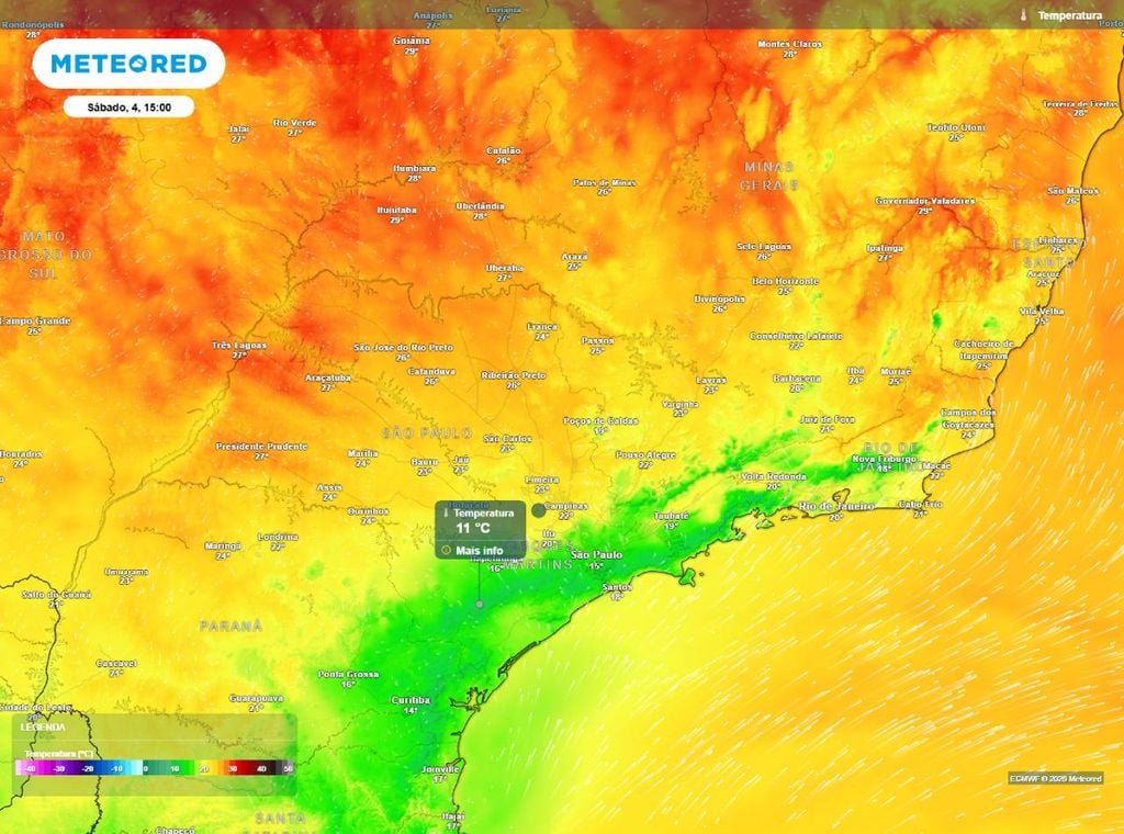 Previsão de temperatura máxima do ar (em °C) para sábado (4), segundo o modelo europeu ECMWF.