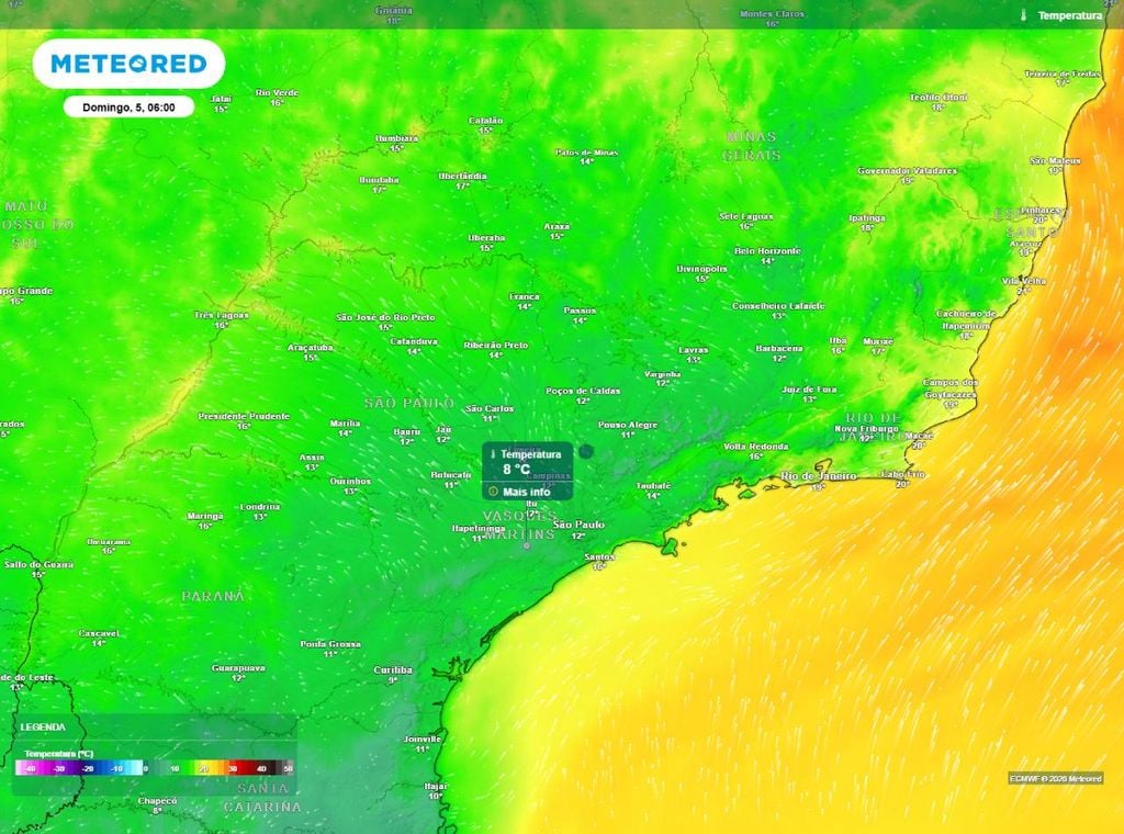 Previsão de temperatura mínima do ar (em °C) para domingo (5), segundo o modelo europeu ECMWF.