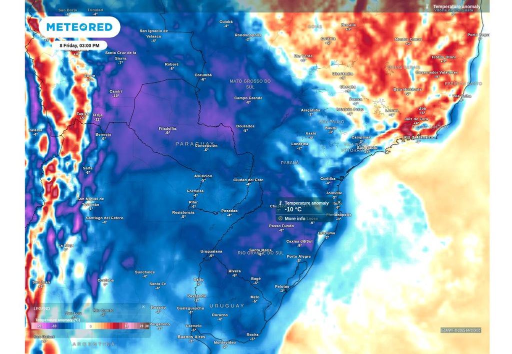 Previsão de anomalia de temperatura nesta sexta-feira (8), de acordo com o ECMWF.