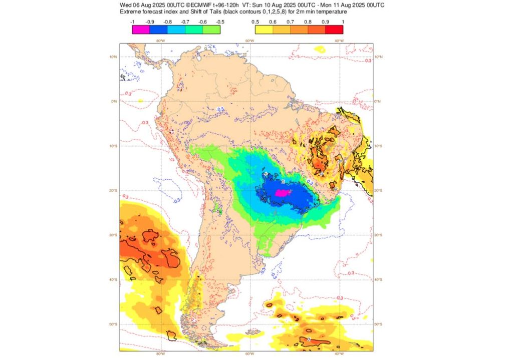 EFI do ECMWF para a temperatura mínima neste domingo (10). Créditos: ECMWF.