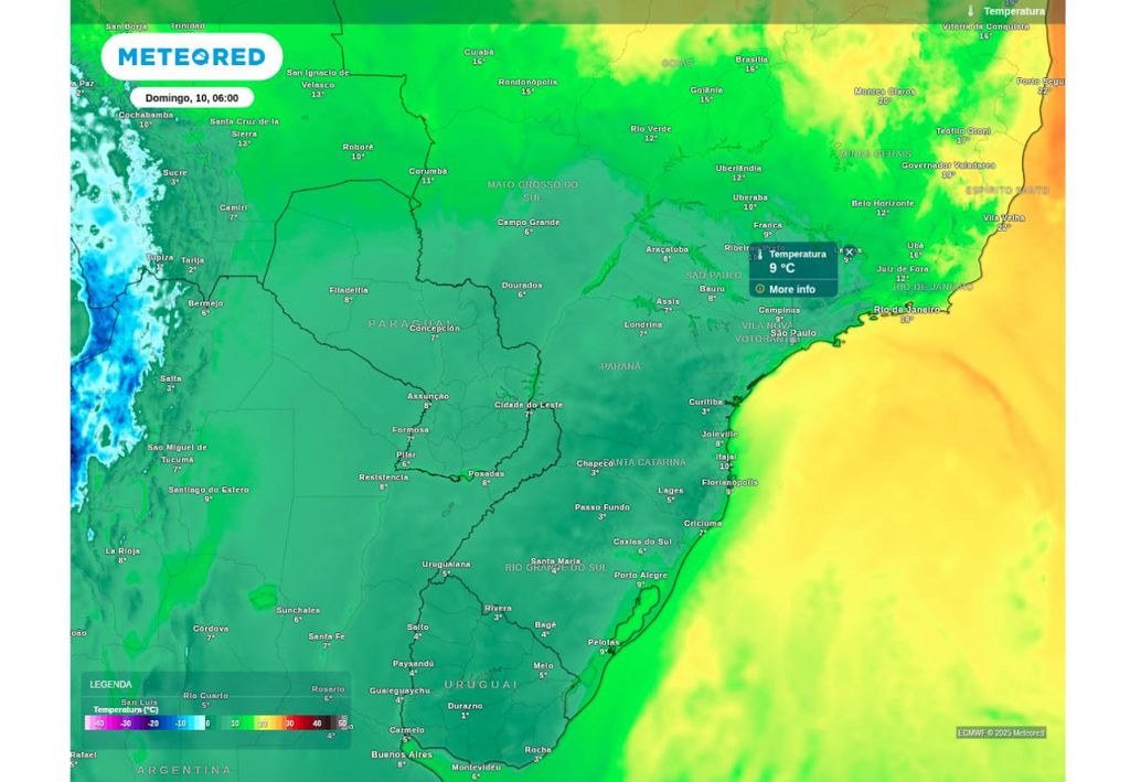 Previsão de temperatura mínima neste domingo (10), de acordo com o ECMWF.